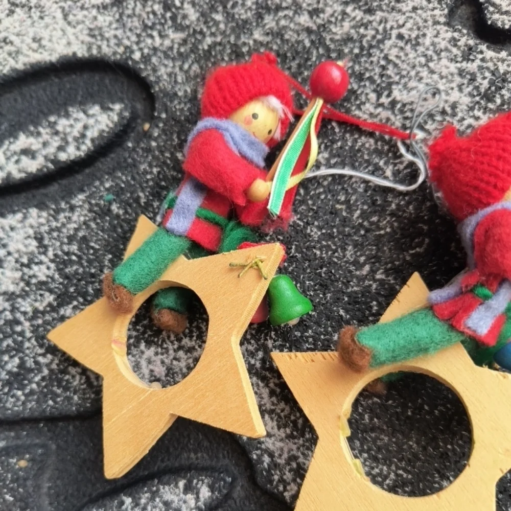 Vintage Christmas Wood Elf on Wooden Star Elf Boy Bells Stars German Erzgebirge